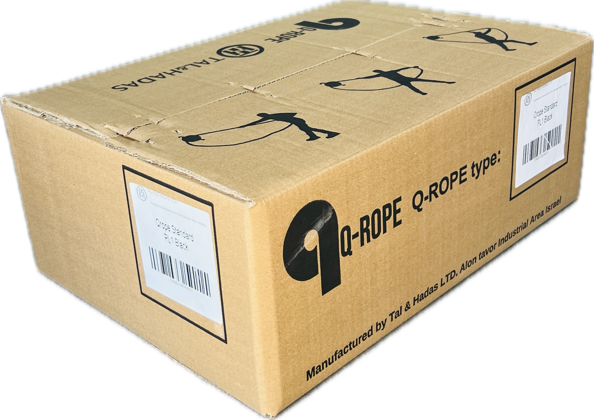 Q-Rope shipping box printed with the Q-Rope logo and Tal and Hadas branding