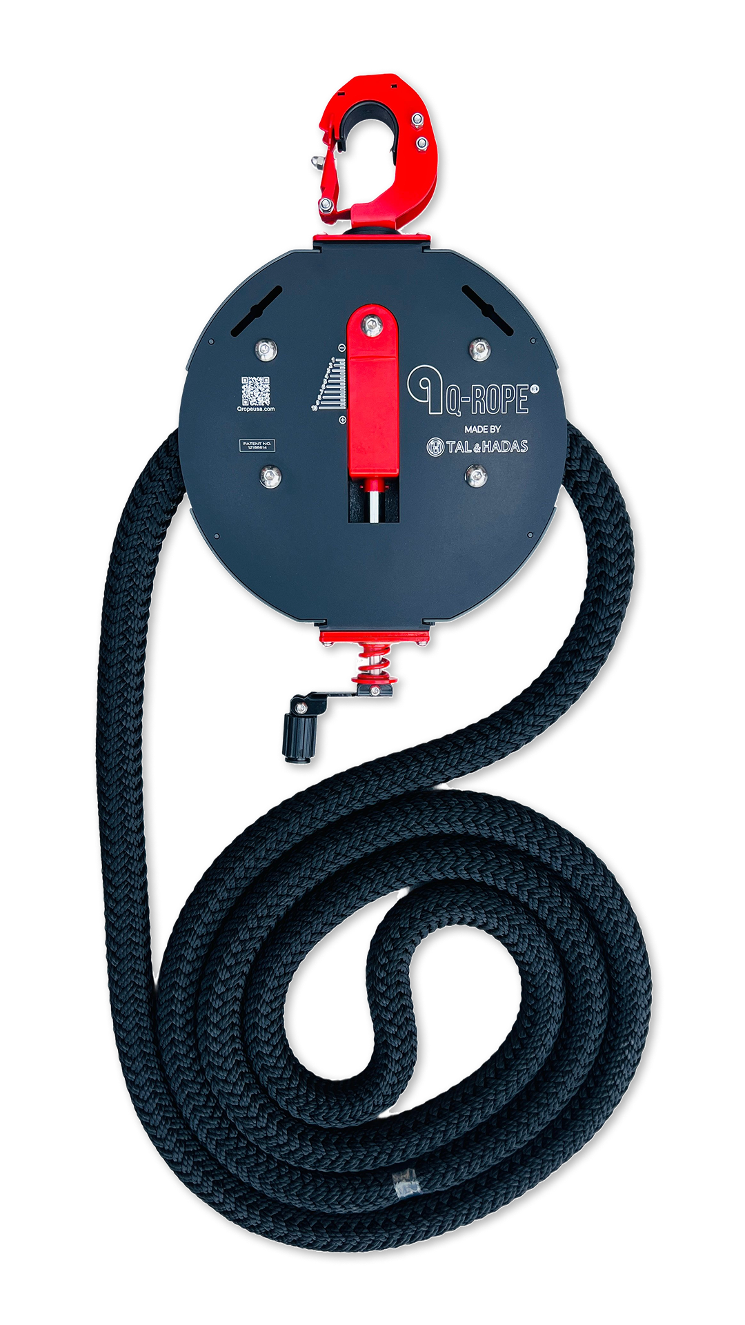 Q-Rope resistance trainer with coiled black rope, front view without the logo overlay