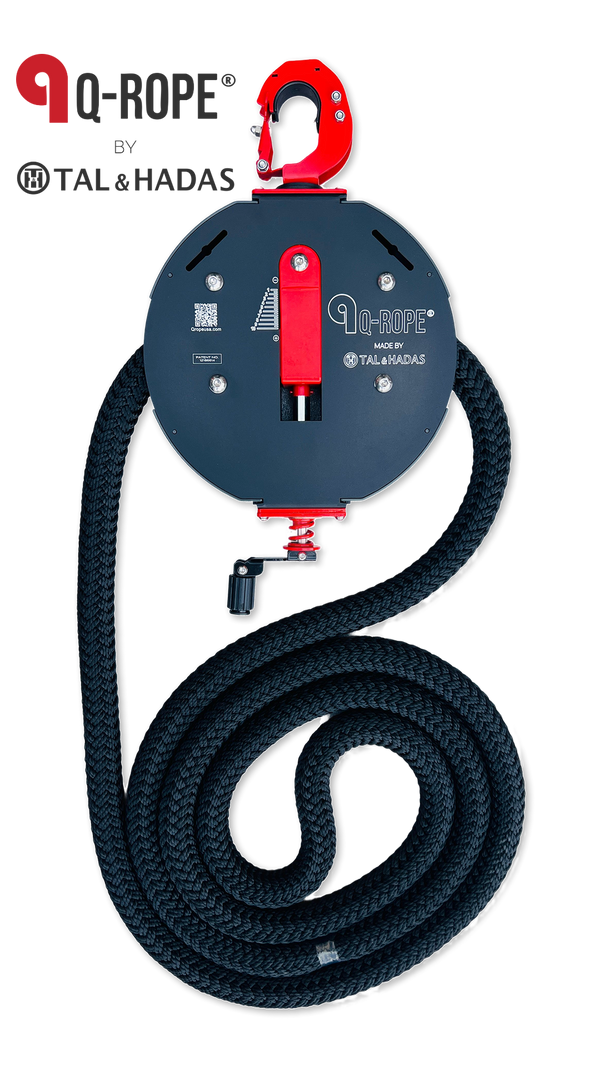 Q-Rope resistance trainer with its red clamp hook and coiled black rope, front view