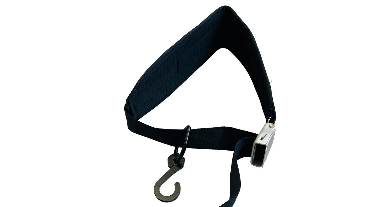 Q-Tail waist belt formed into a loop with the hook and buckle in view