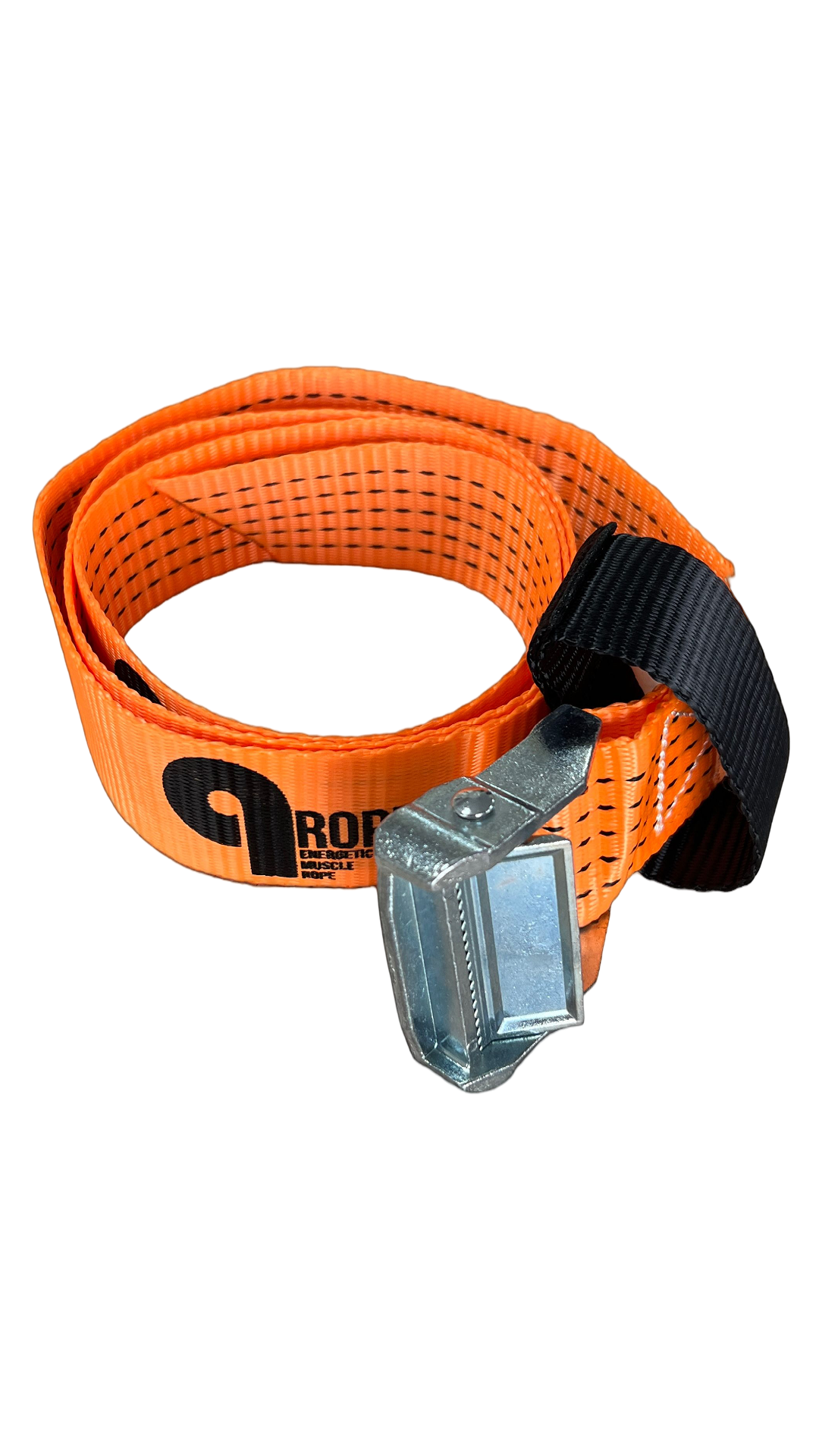 Orange Q-Rope hanging strap coiled, with a metal cam buckle