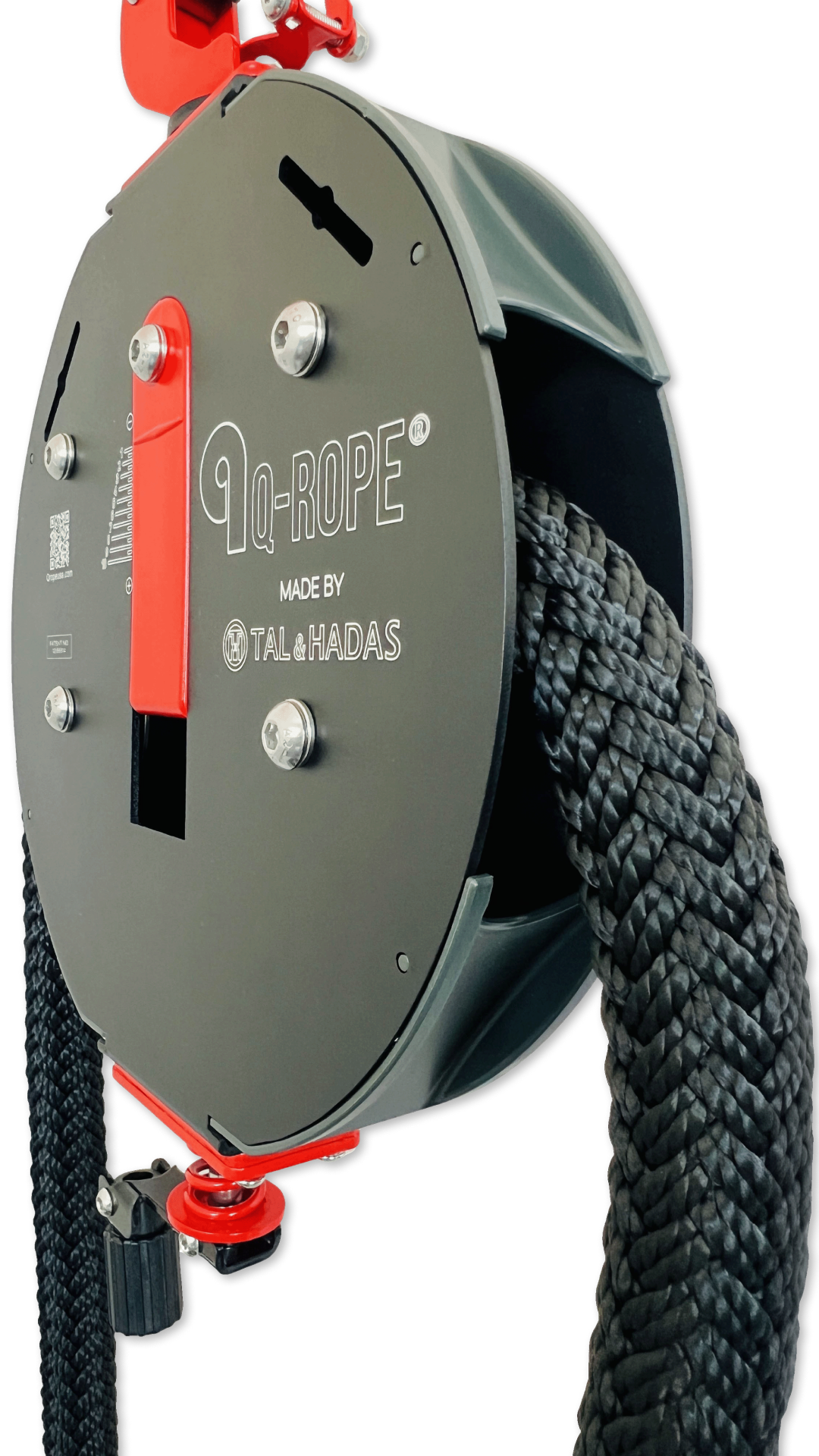 Angled close up of the Q-Rope housing and its red clamp hook