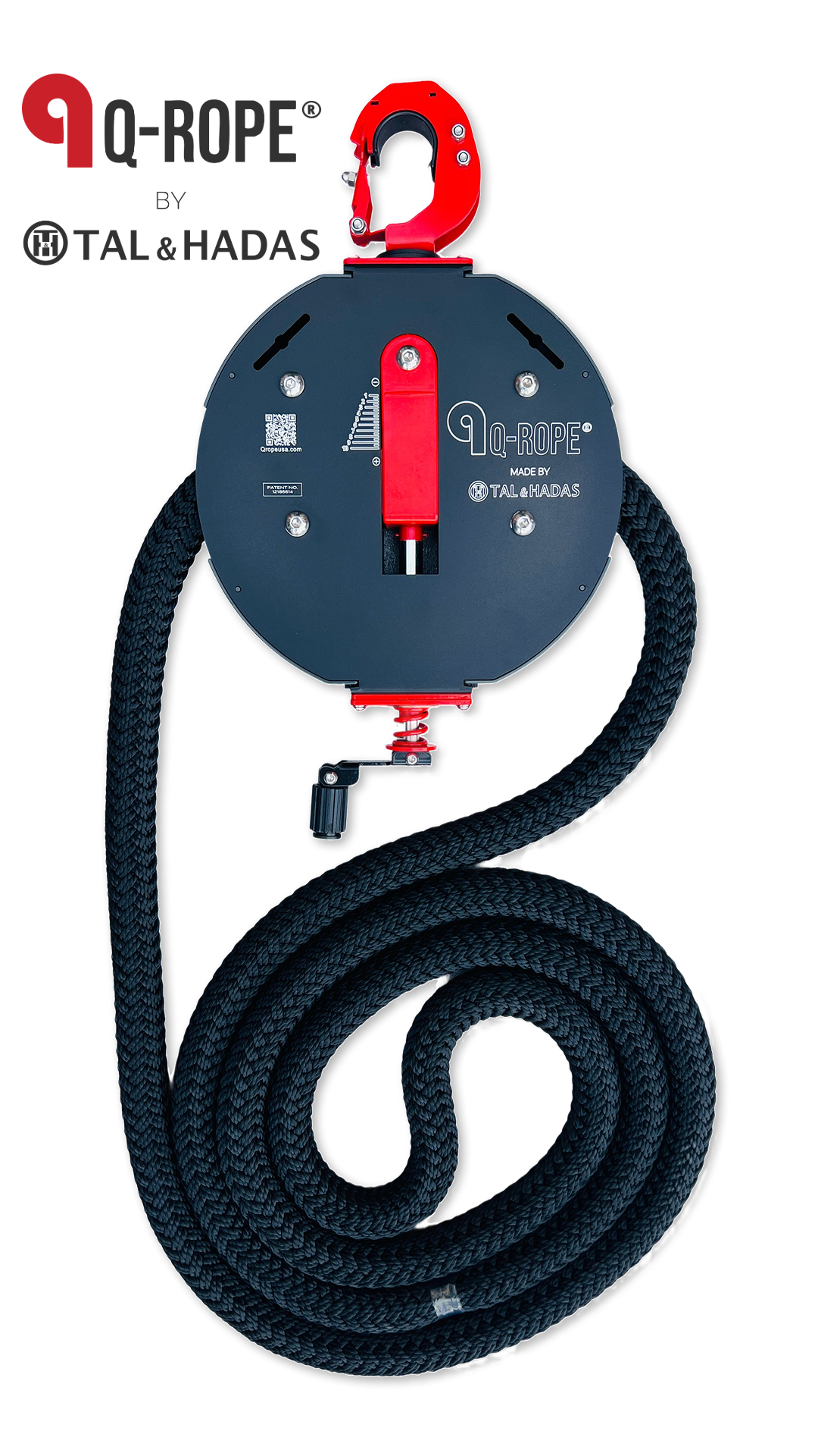 The Q-Rope resistance trainer with its red clamp hook and coiled black rope
