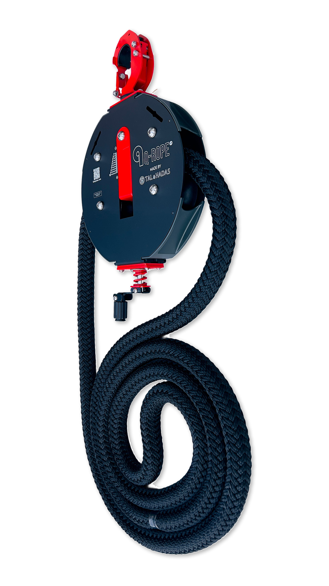 Q-Rope resistance trainer from the side with the rope coiled below it