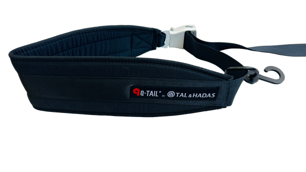 Padded black Q-Tail waist belt with a quick release buckle and connection hook