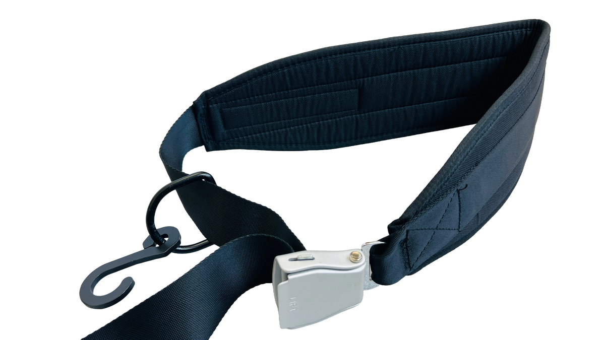 Q-Tail waist belt showing the padded panel, buckle and hook