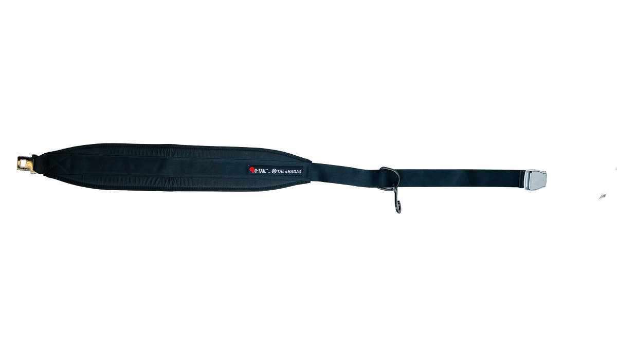 Q-Tail waist belt laid flat showing the padded section and adjustment strap