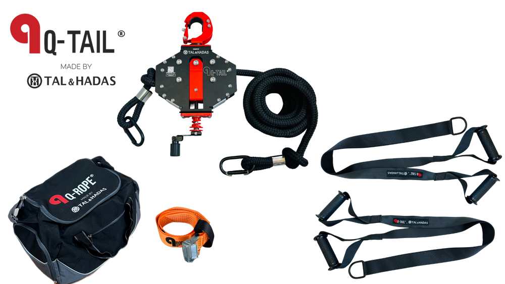 Q-Tail kit with the trainer, coiled rope, carry bag, orange strap and two V strap handles